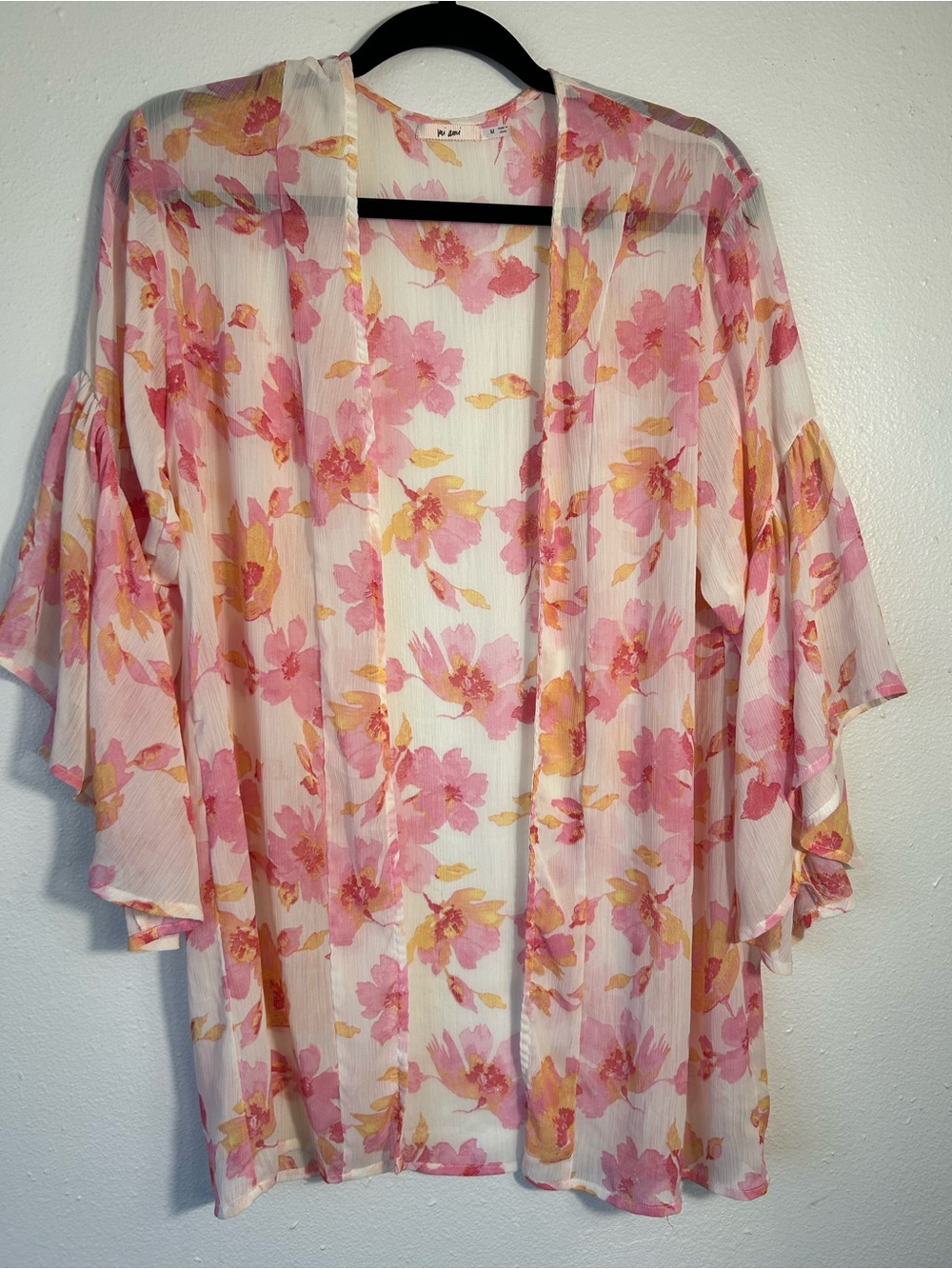 Mi Ami Francesca’s Floral Kimono Cardigan M Pink Sheer Chiffon Ruffle Sleeve - Picture 3 of 8